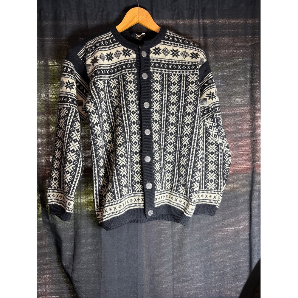 Filene's Vintage Norway Wool Cardigan Black Cream Fair Isle Nordic Sweater